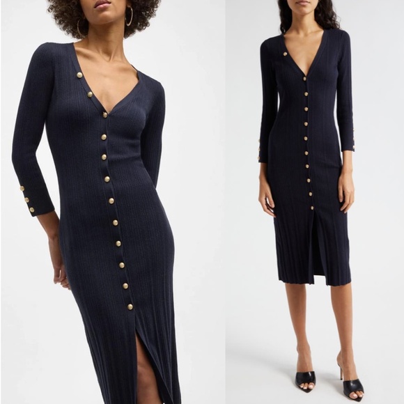 L'AGENCE Kyra Rib Cotton Silk Blend Sweater Dress Medium Midnight Navy Gold NWT - Picture 1 of 17